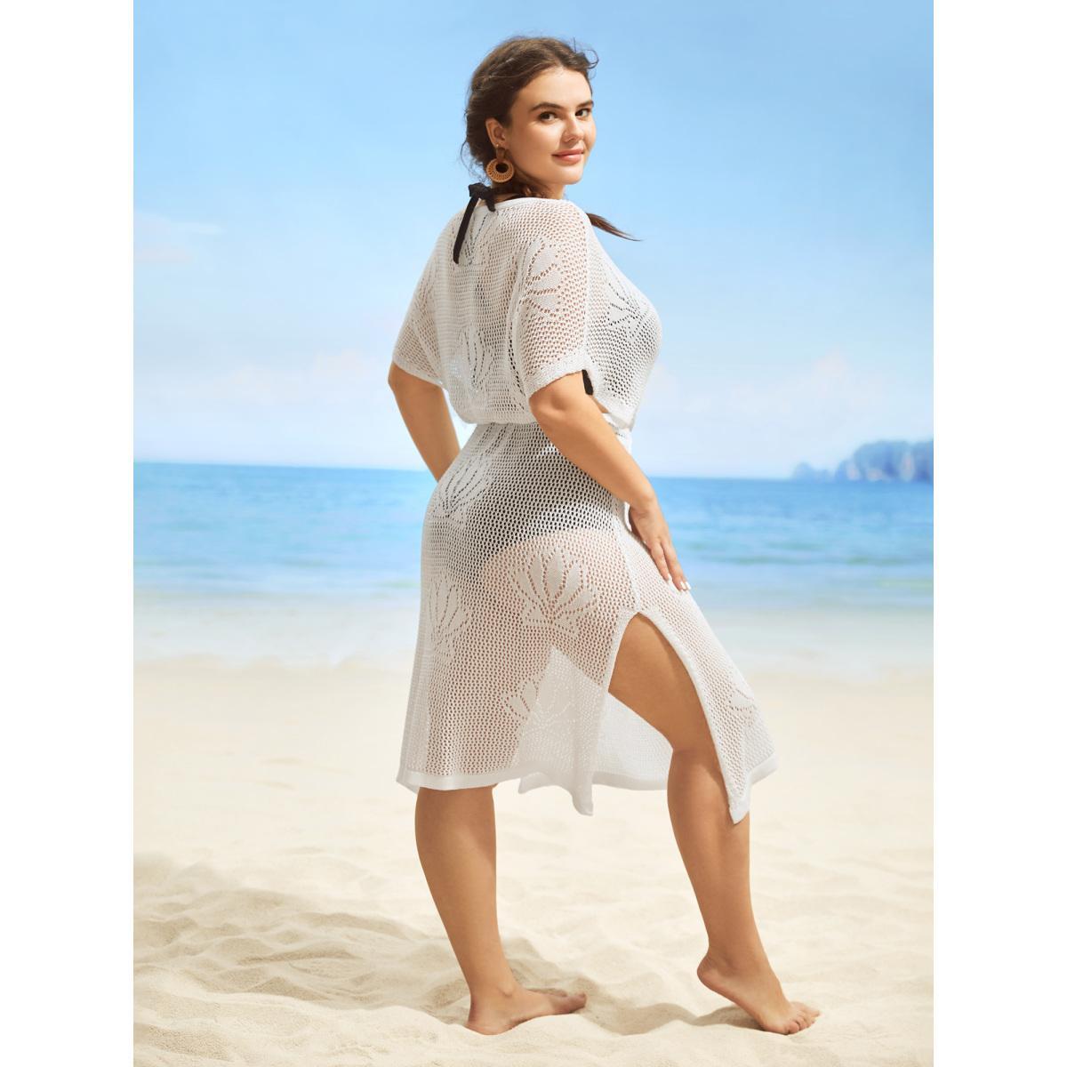 Plus Size Shell Cut Out Tassel Trim Swim Cover Up Women's Swimwear Ivory Beach Loose Texture Curve Swim Cover Ups BloomChic 28/5X Product Image