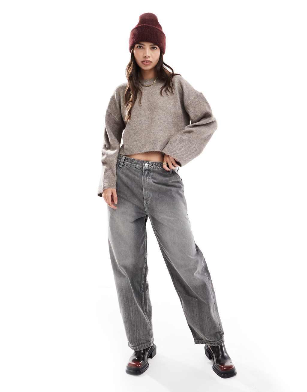 ASOS DESIGN crew neck boxy sweater with wide cuff in mocha Product Image