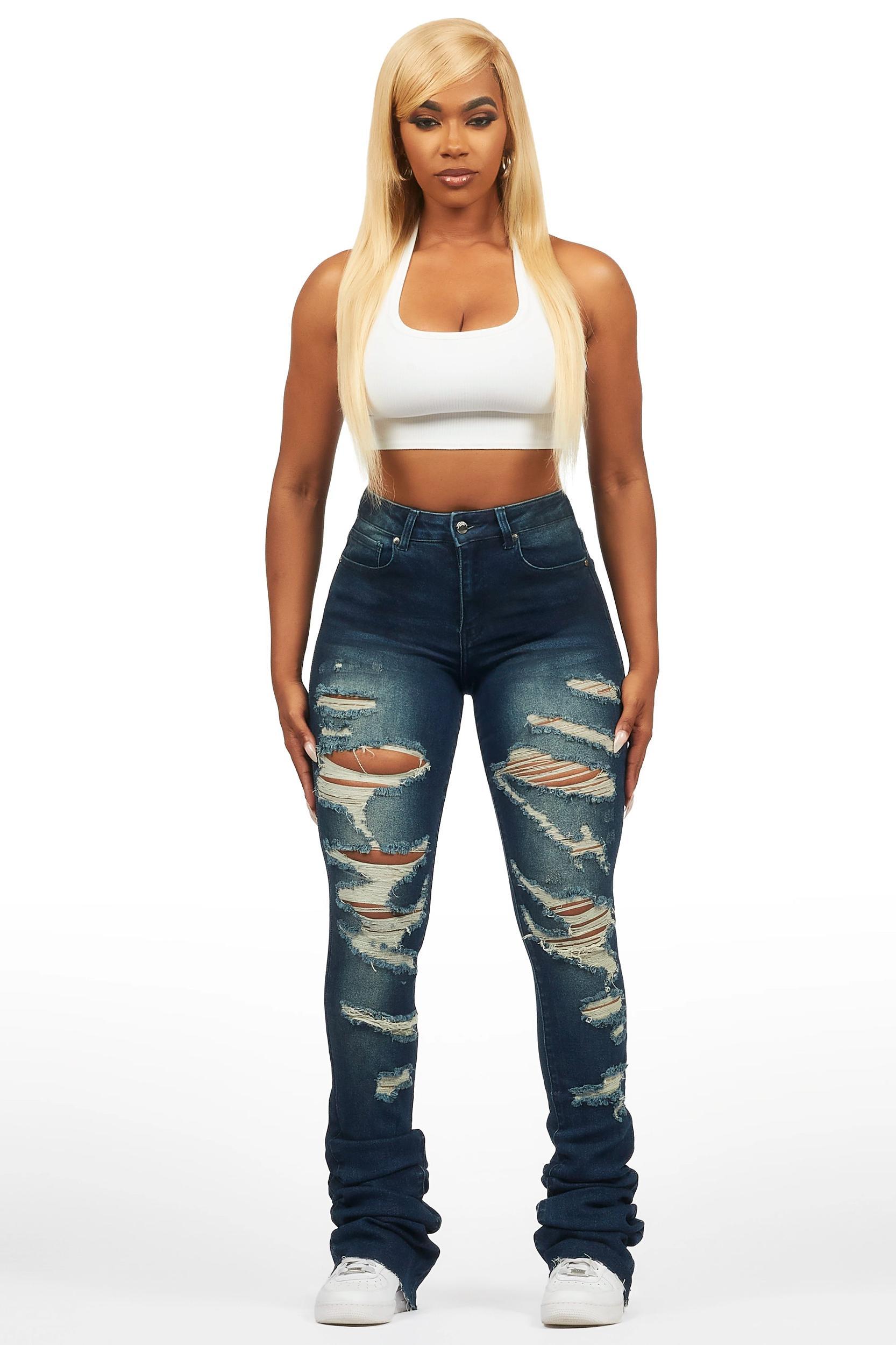 Teyja Dark Wash Distressed Super Stacked Jean Female Product Image