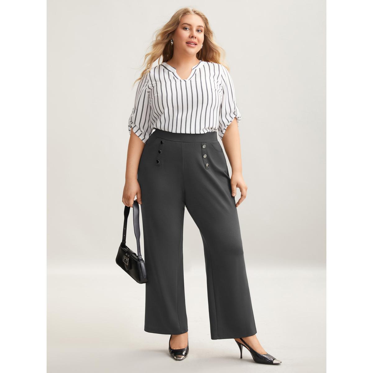 Plus Size Button No-Waist Gap Pull On Pants Women DimGray At the Office Bootcut Mid Rise Work Pants BloomChic 12/L Product Image