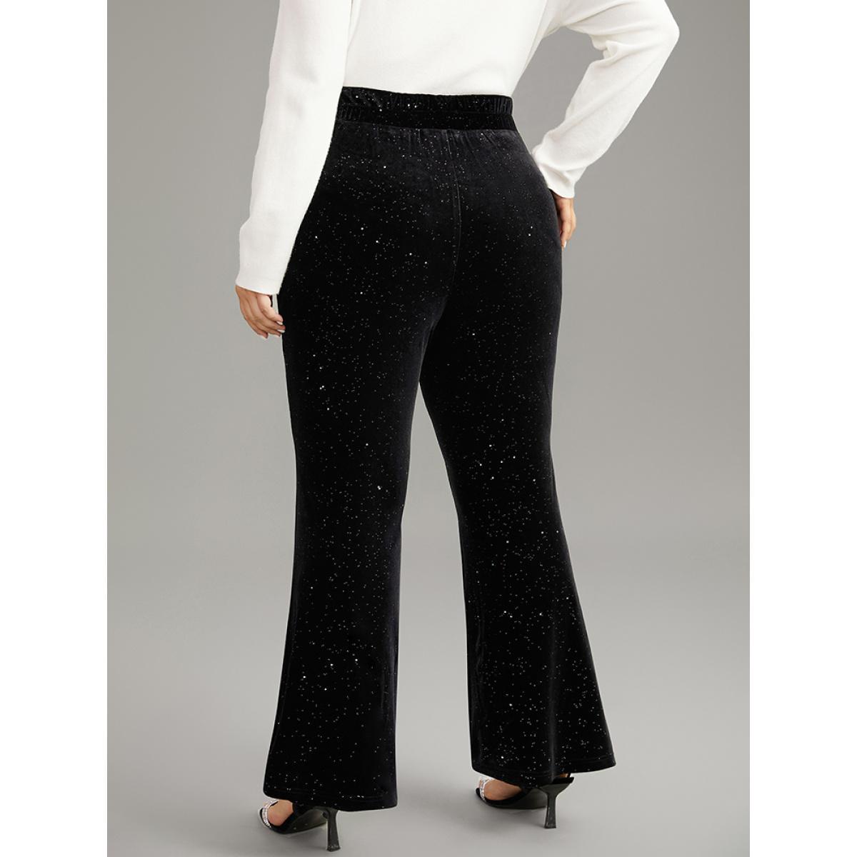 Plus Size Velvet Glitter Patchwork Pocket Flare Leg Pants Women Black Glamour Flare Leg High Rise Festival-Christmas Pants BloomChic 12/L Product Image