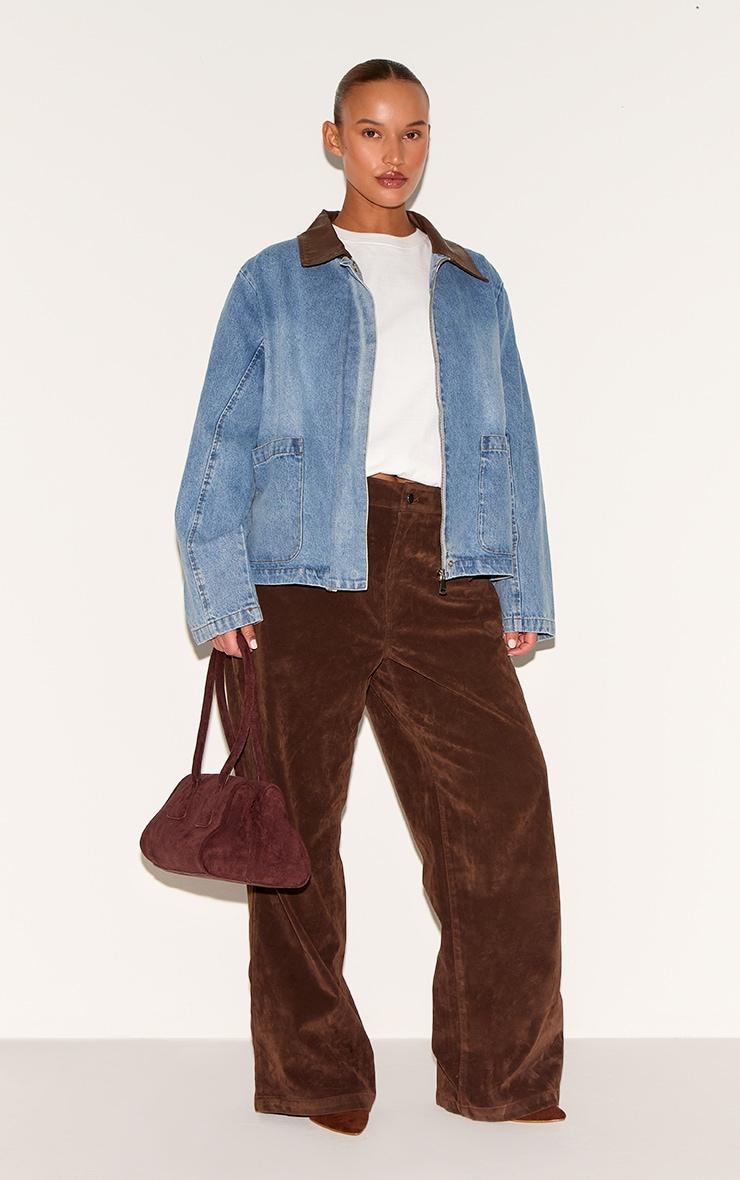 Plus Light Vintage Blue Faux Leather Collar Denim Jacket Product Image