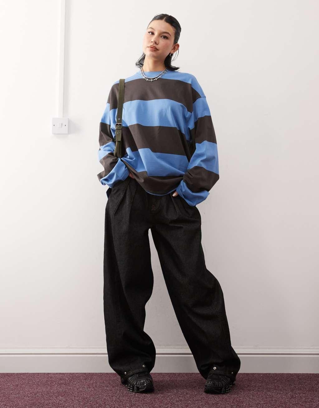 Weekday oversized long sleeve T-shirt in blue and gray stripe Product Image