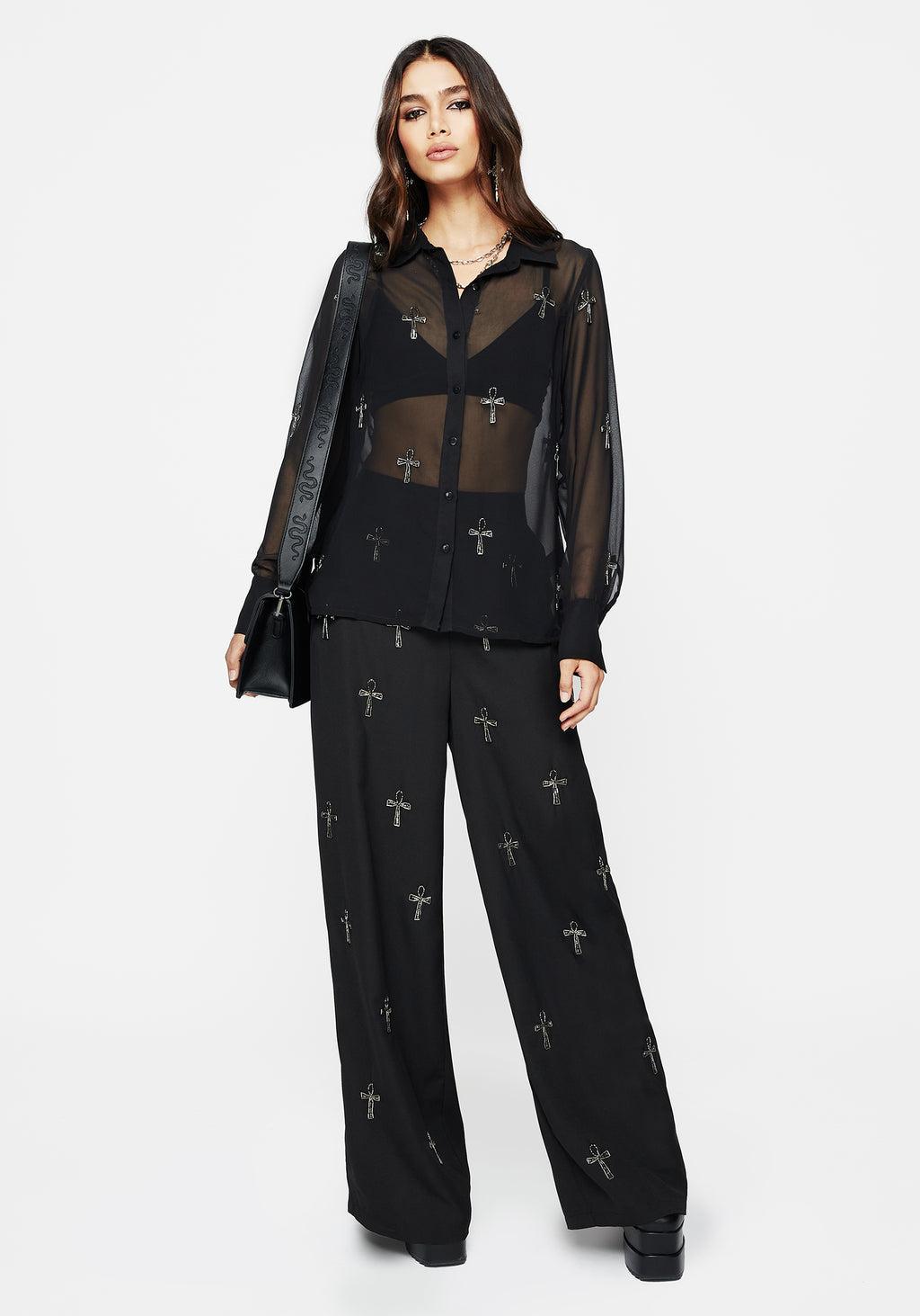 Ankh Beaded Chiffon Button Up Shirt Product Image