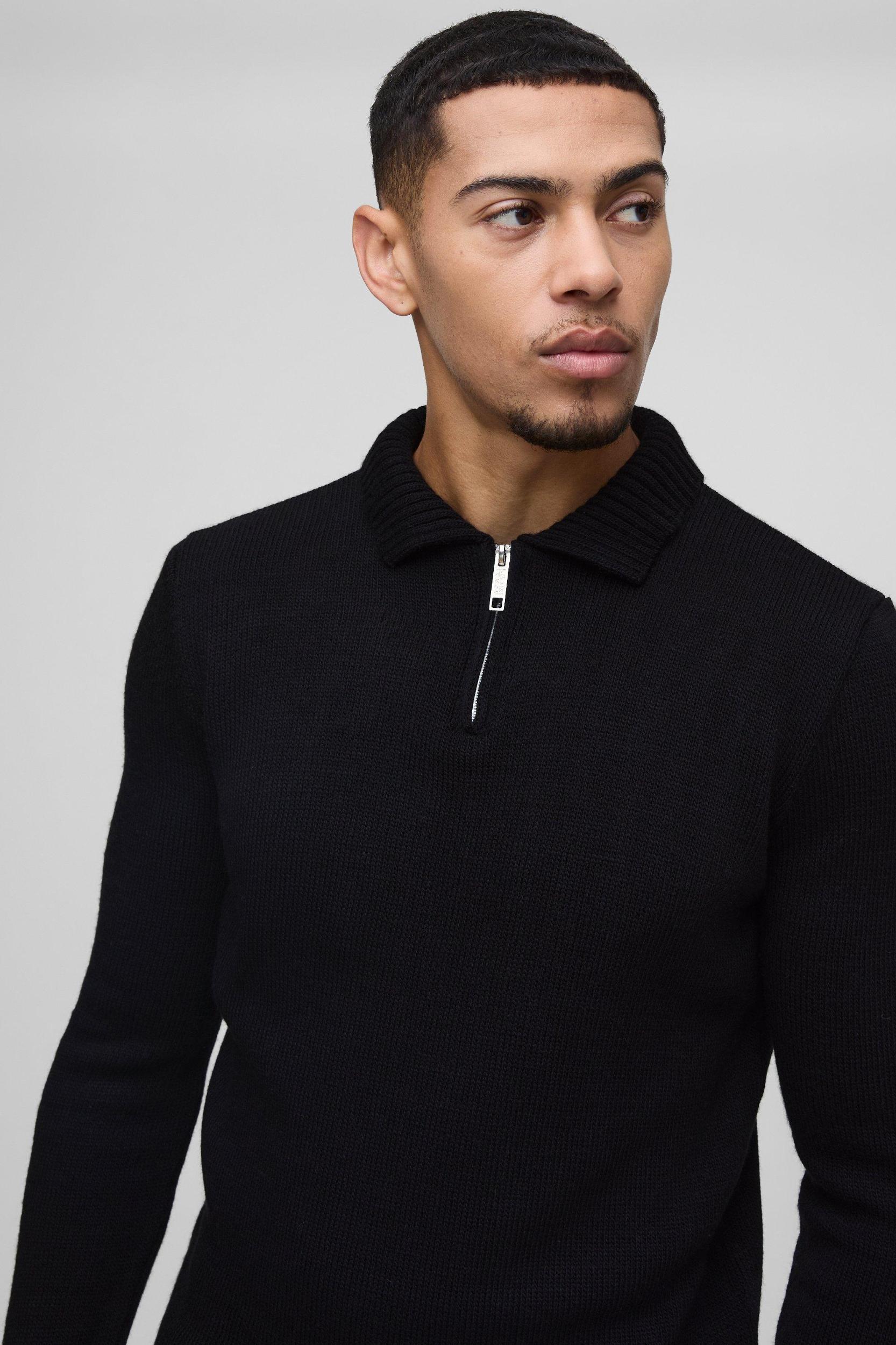 Regular Fit Long Sleeve Zip Neck Knitted Polo | boohooMAN USA Product Image