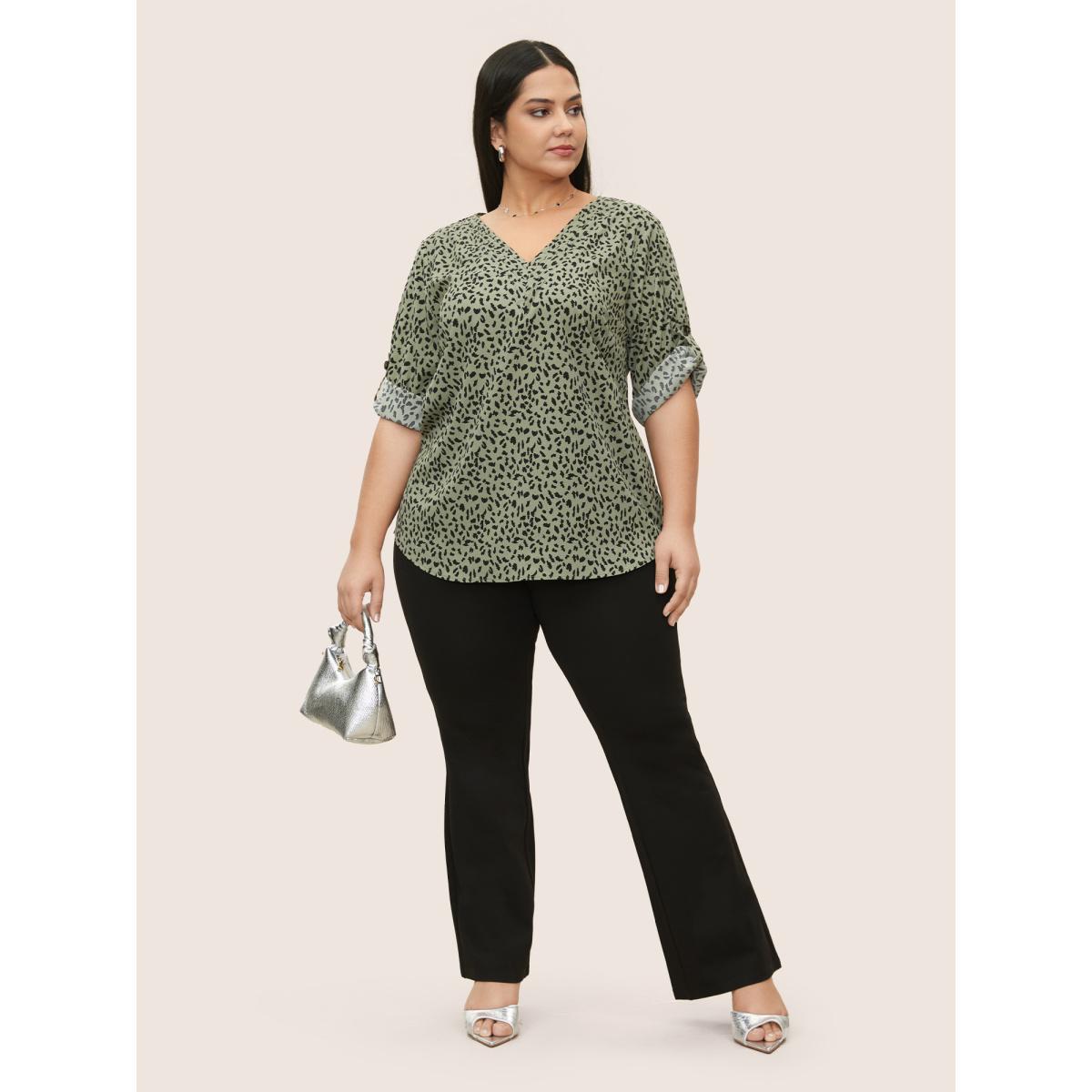 Plus Size ArmyGreen Leopard Print Pleated Tab Sleeve Blouse Women At the Office Elbow-length sleeve V-neck Work Blouses BloomChic 30/6X Product Image