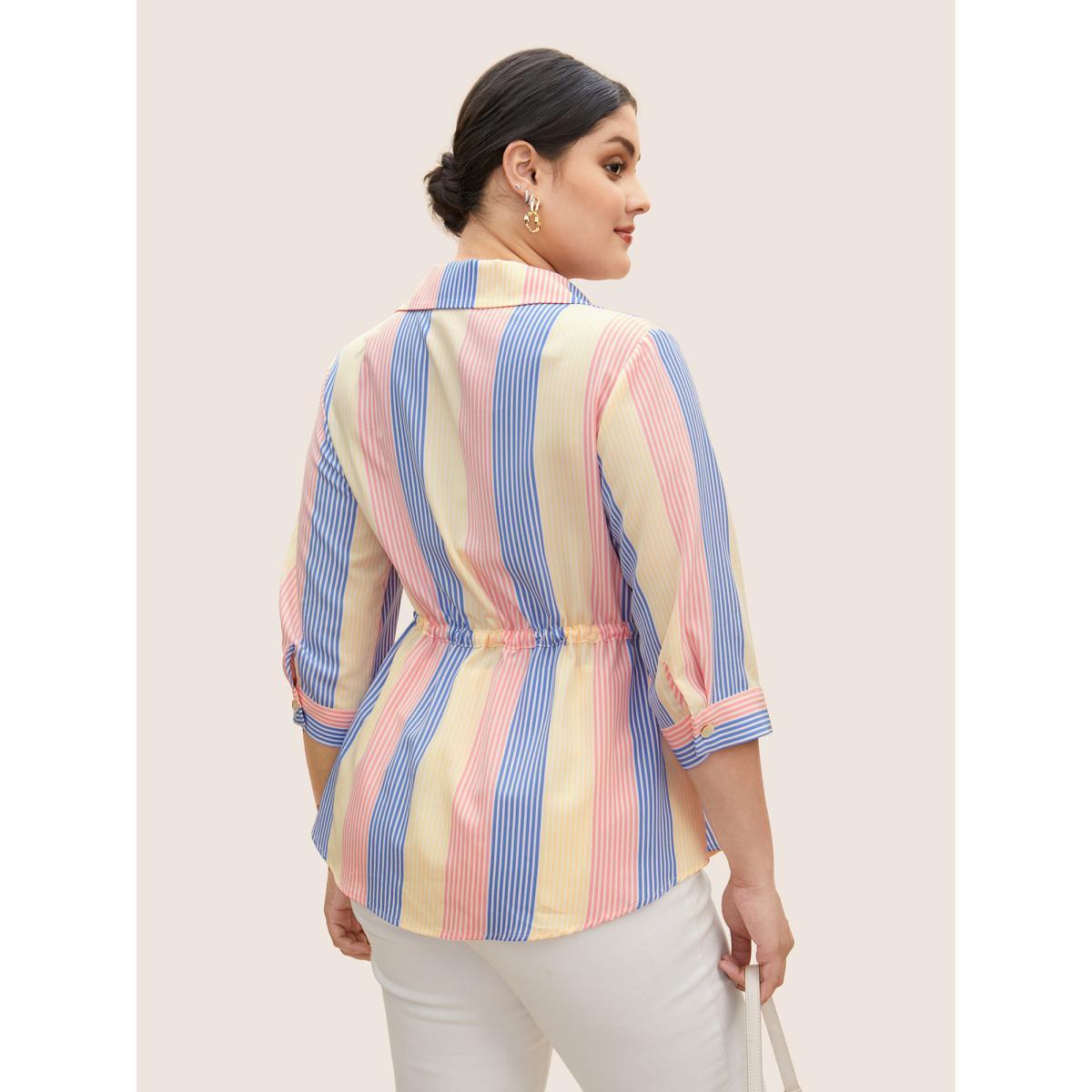 Plus Size Multicolor Contrast Striped Drawstring Patched Pocket Blouse Women Casual Elbow-length sleeve Shirt collar Everyday Blouses BloomChic 14-16/1X Product Image