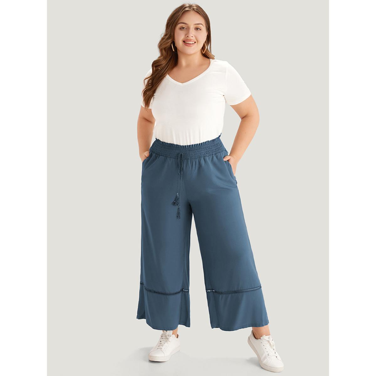 Plus Size Solid Shirred Bowknot Paperbag Waist Patchwork Pants Women Aegean Casual Straight Leg High Rise Dailywear Pants BloomChic 22-24/3X Product Image