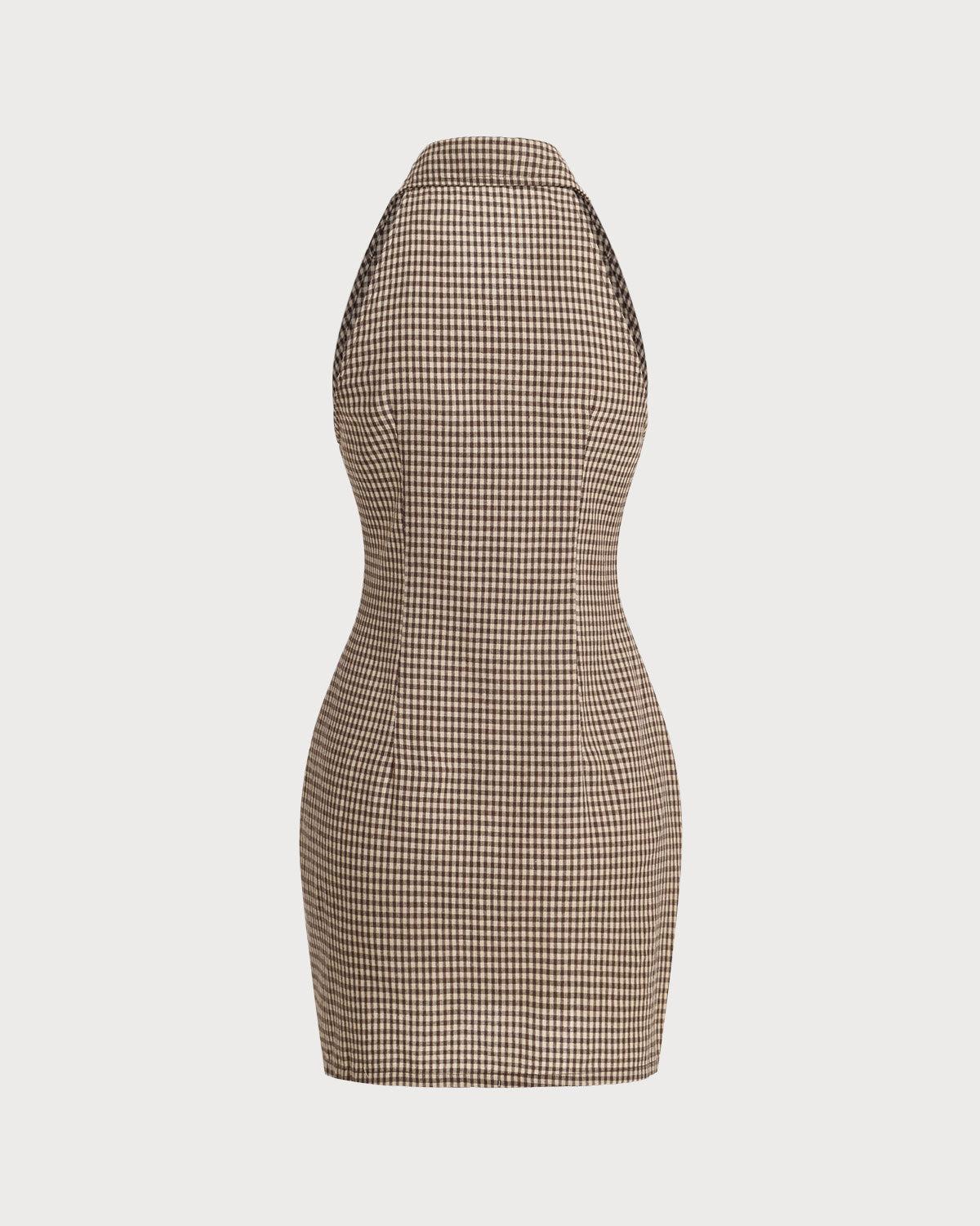 Brown Plaid Button Sleeveless Mini Dress Product Image