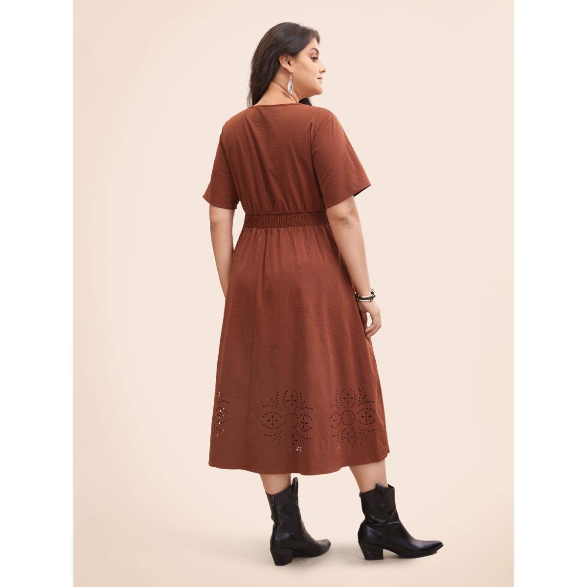 Plus Size Floral Burnout Stretchy Waist Midi Dress Rust Women Resort Cut-Out Round Neck Short sleeve Curvy BloomChic 18-20/2X Product Image