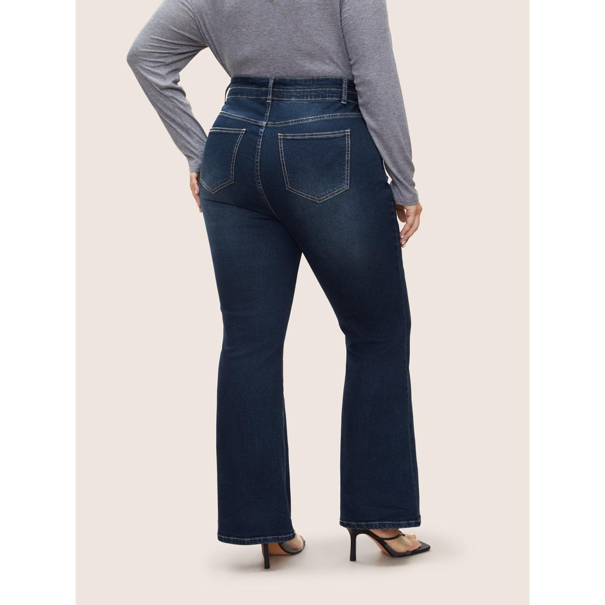 Plus Size Bootcut Seam Detail Button Up Full Length Jeans Women Indigo Casual Plain Non High stretch Slanted pocket Jeans BloomChic 18/2X Product Image