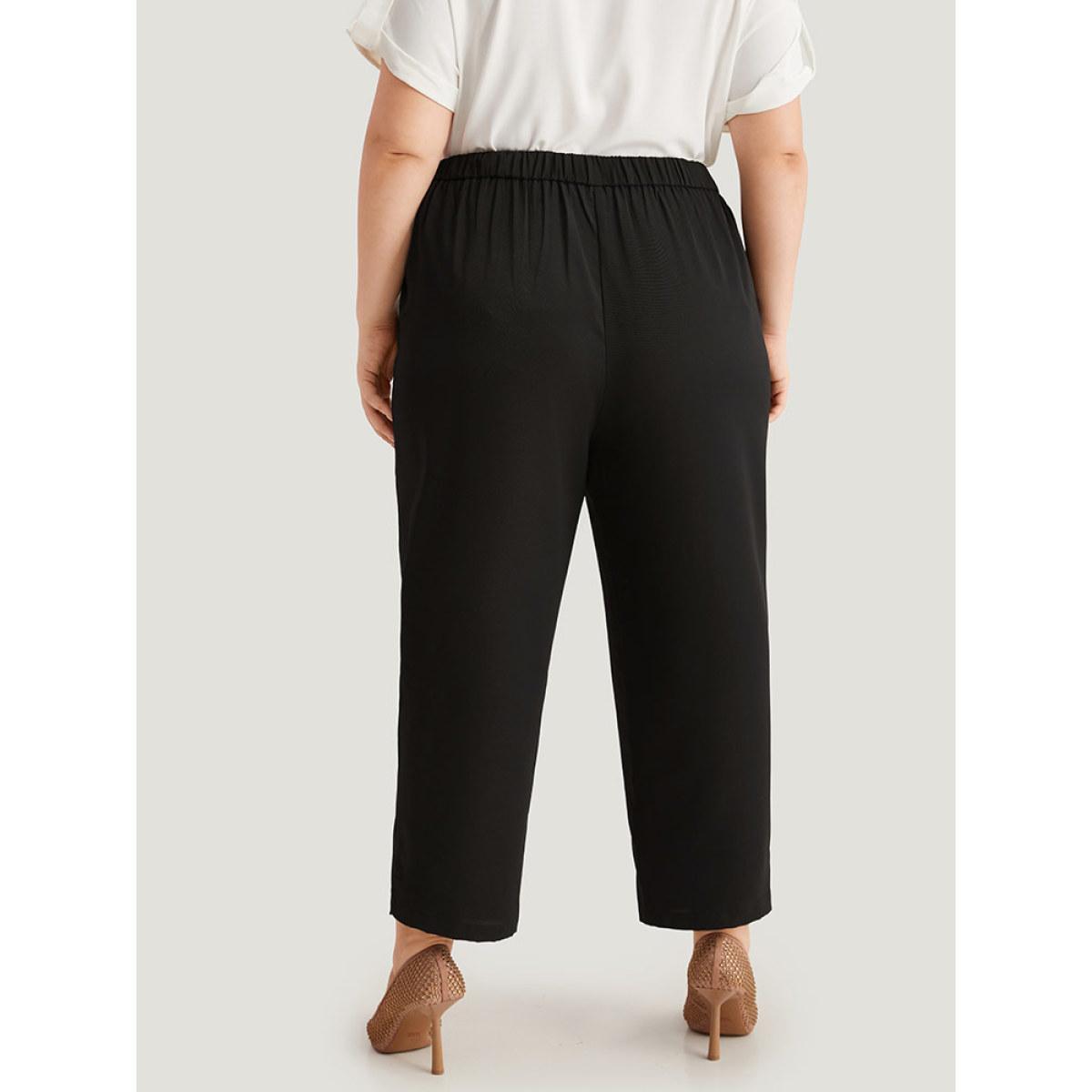 Plus Size Solid Metal Detail High Rise Straight Leg Pants Women Black Office Bodycon High Rise Work Pants BloomChic 18-20/2X Product Image