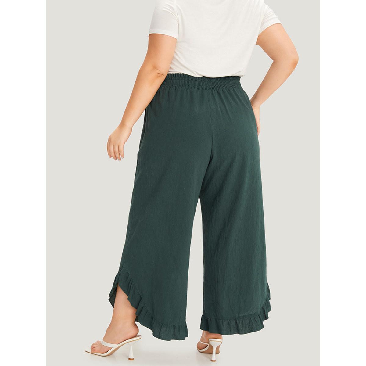 Plus Size Solid Ruffle Trim Pocket Paperbag Waist Pants Women DarkGreen Elegant Wide Leg Mid Rise Dailywear Pants BloomChic 18-20/2X Product Image