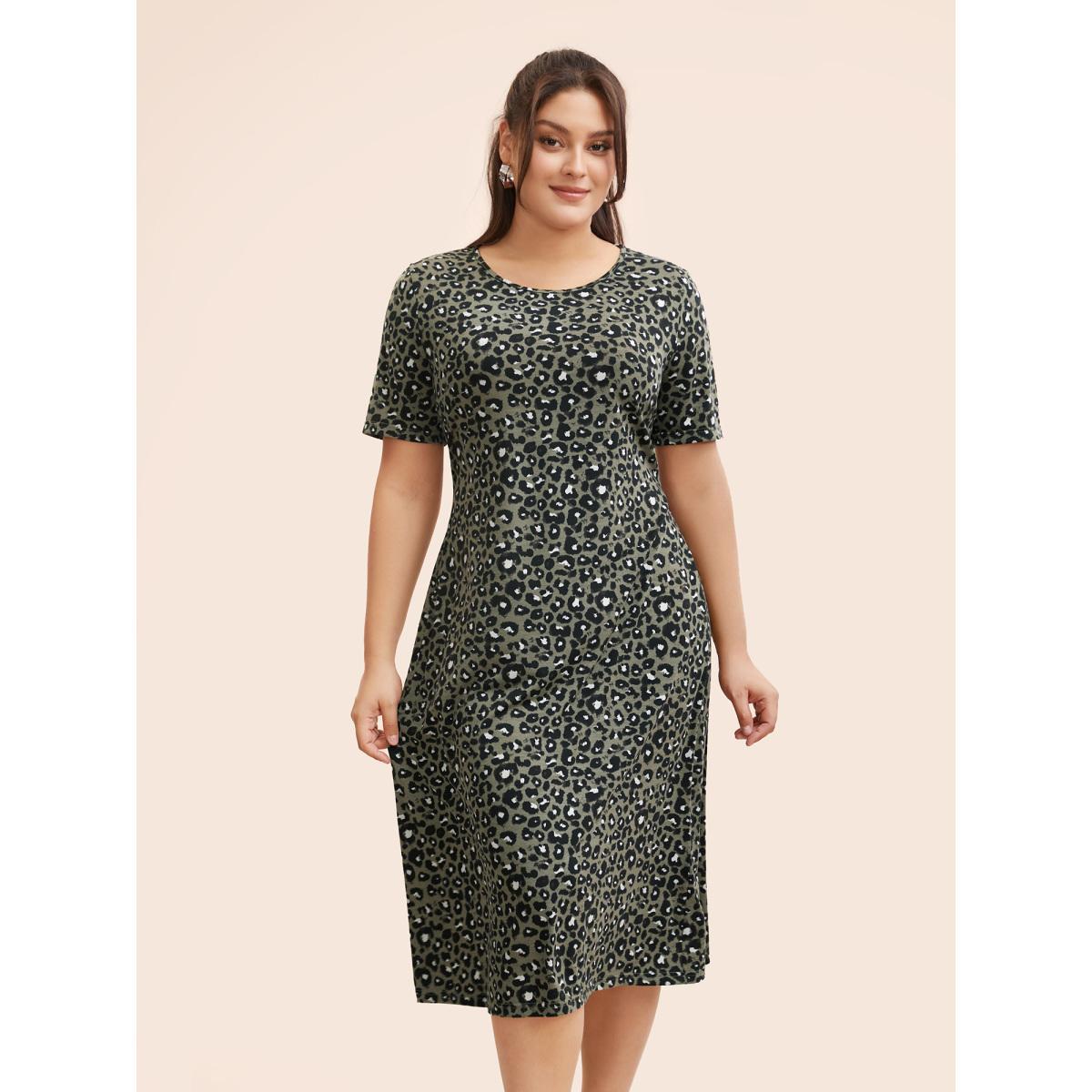 Plus Size Round Neck Leopard Print Midi Dress Sage Women Casual Non Round Neck Short sleeve Curvy BloomChic 28/5X Product Image