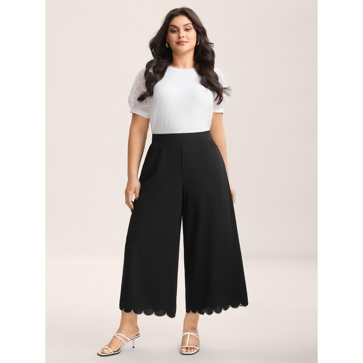 Plus Size Scalloped Hem Pull-On Wide-Leg Pants Women Black Elegant Wide Leg Mid Rise Everyday-Elegant Pants BloomChic 28/5X Product Image