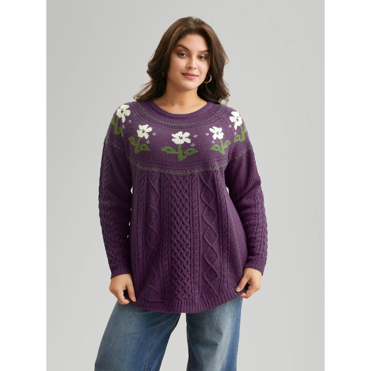 Plus Size Floral Jacquard Raglan Sleeve Pullover Deeppurple Women Casual Long Sleeve Round Neck Everyday Pullovers BloomChic 30/6X Product Image