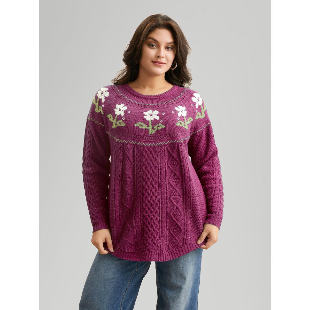 Plus Size Floral Jacquard Raglan Sleeve Pullover RedViolet Women Casual Long Sleeve Round Neck Everyday Pullovers BloomChic 26/4X Product Image
