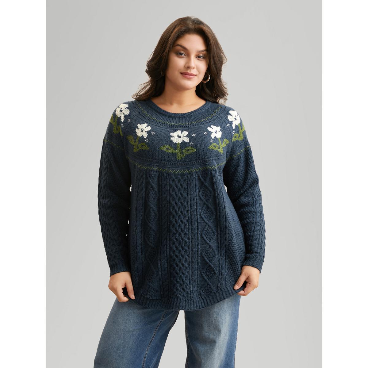 Plus Size Floral Jacquard Raglan Sleeve Pullover Indigo Women Casual Long Sleeve Round Neck Everyday Pullovers BloomChic 26/4X Product Image