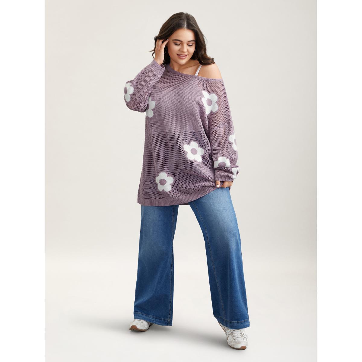 Plus Size Floral Jacquard Cut-Out Ribbed Pullover Mauve Women Beach Loose Long Sleeve Round Neck Vacation Pullovers BloomChic 28/5X Product Image