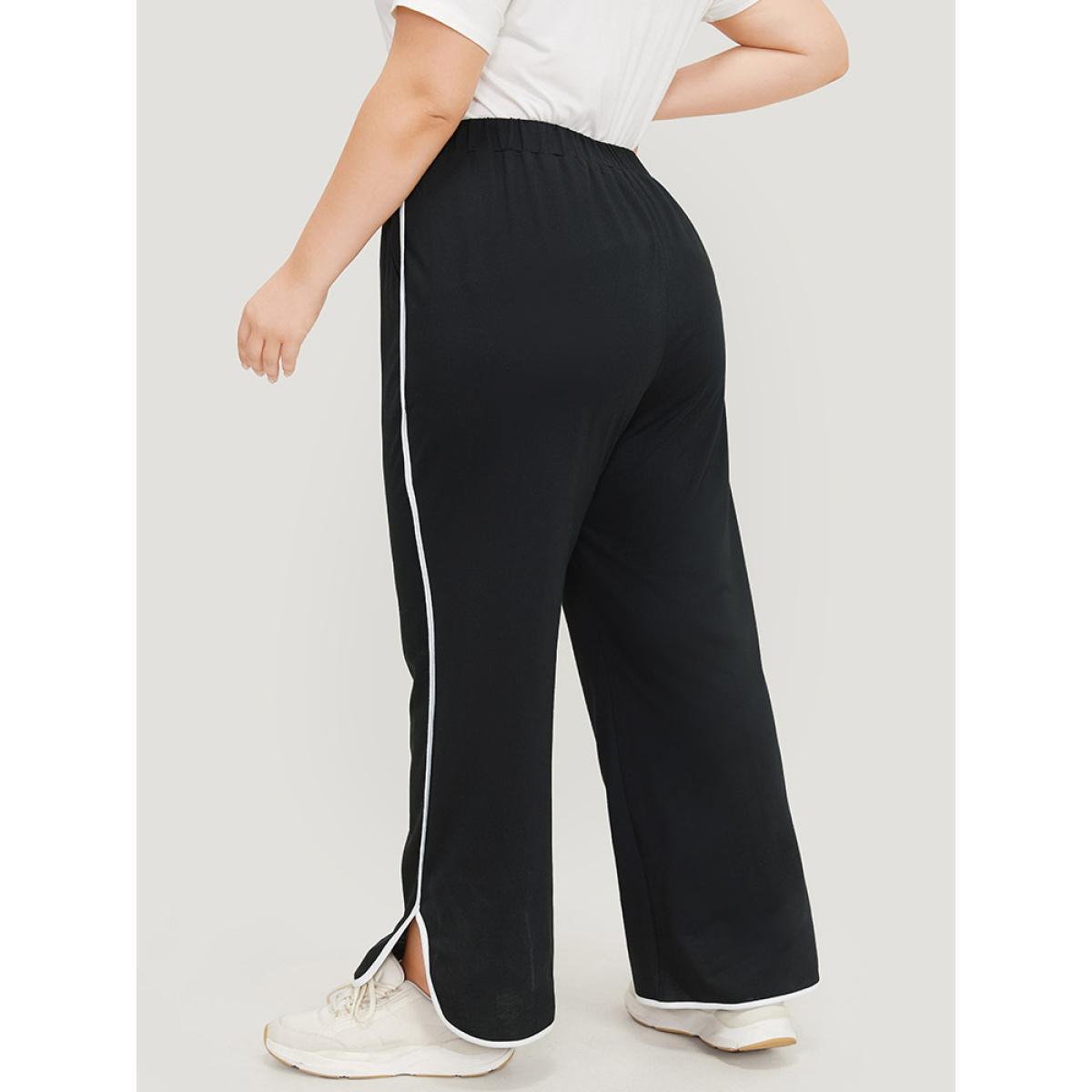 Contrast Pocket Seam Detail Split Hem Sweatpants Black Plus Size Women Casual Dailywear Contrast 26/4X Bloomchic Product Image