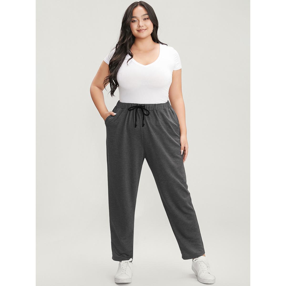 Plus Size Plain Pocket Elastic Waist Ties Front Pants Women Gray Casual Loose High Rise Dailywear Pants BloomChic 10/M Product Image