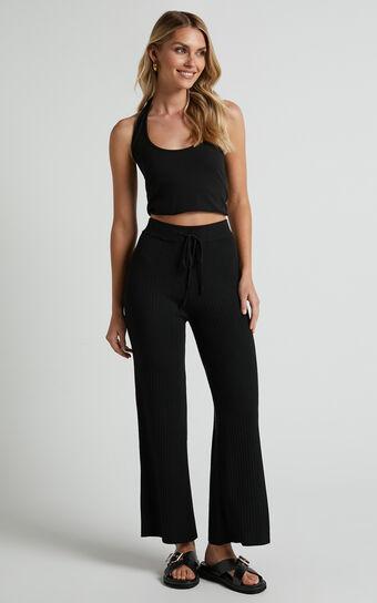 Motto Pants - High Waisted 7/8 Length Ribbed Knit Pants in Black Product Image