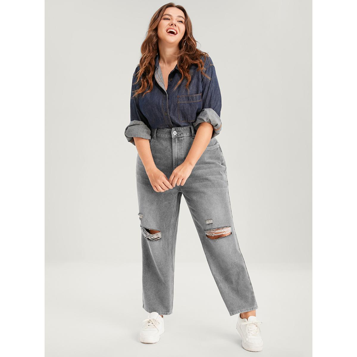 Plus Size Boyfriend Wide Leg Non Stretchy High Rise Medium Wash Jeans Women LightGray Casual Plain No stretch Pocket Jeans BloomChic 14/1X Product Image