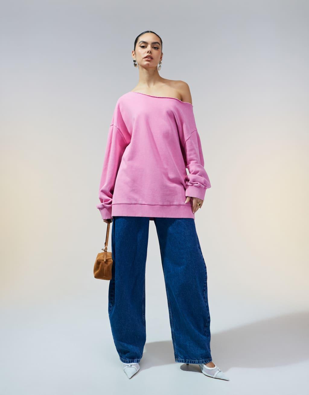 ASOS DESIGN off shoulder sweatshirt in washed pink Product Image