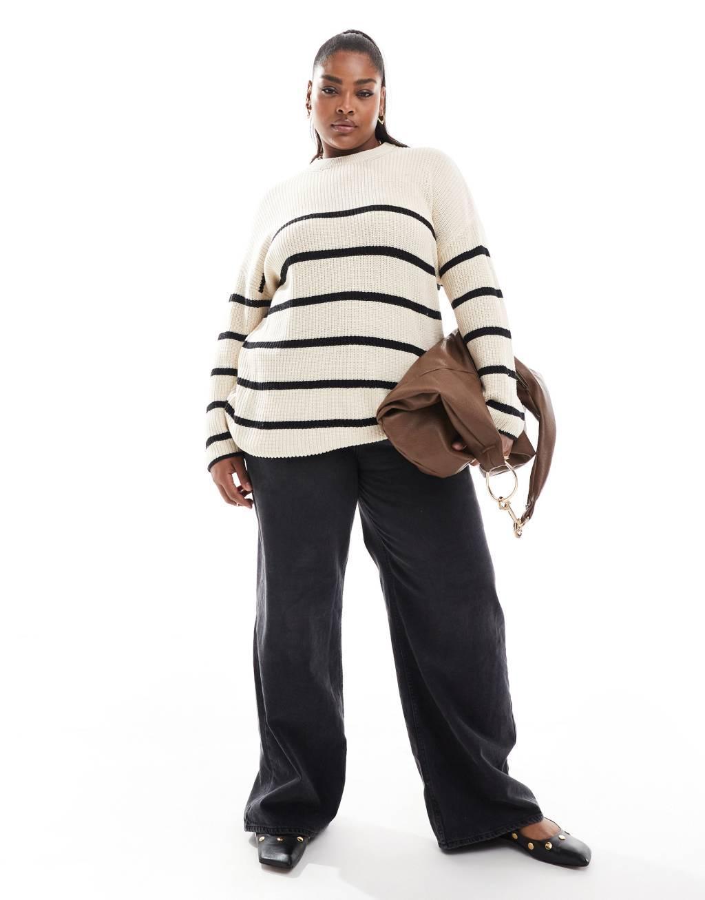 ONLY Curve round neck striped sweater in stone  Product Image