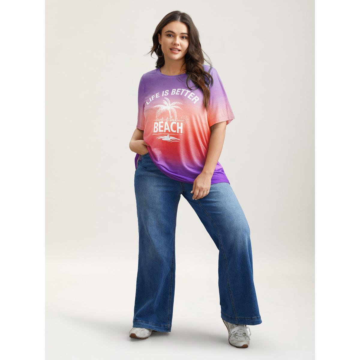 Plus Size Gradient Beach Print Fitted T-Shirt Eggplant Women Casual Contrast Tropical Round Neck Everyday T-shirts BloomChic 18-20/2X Product Image