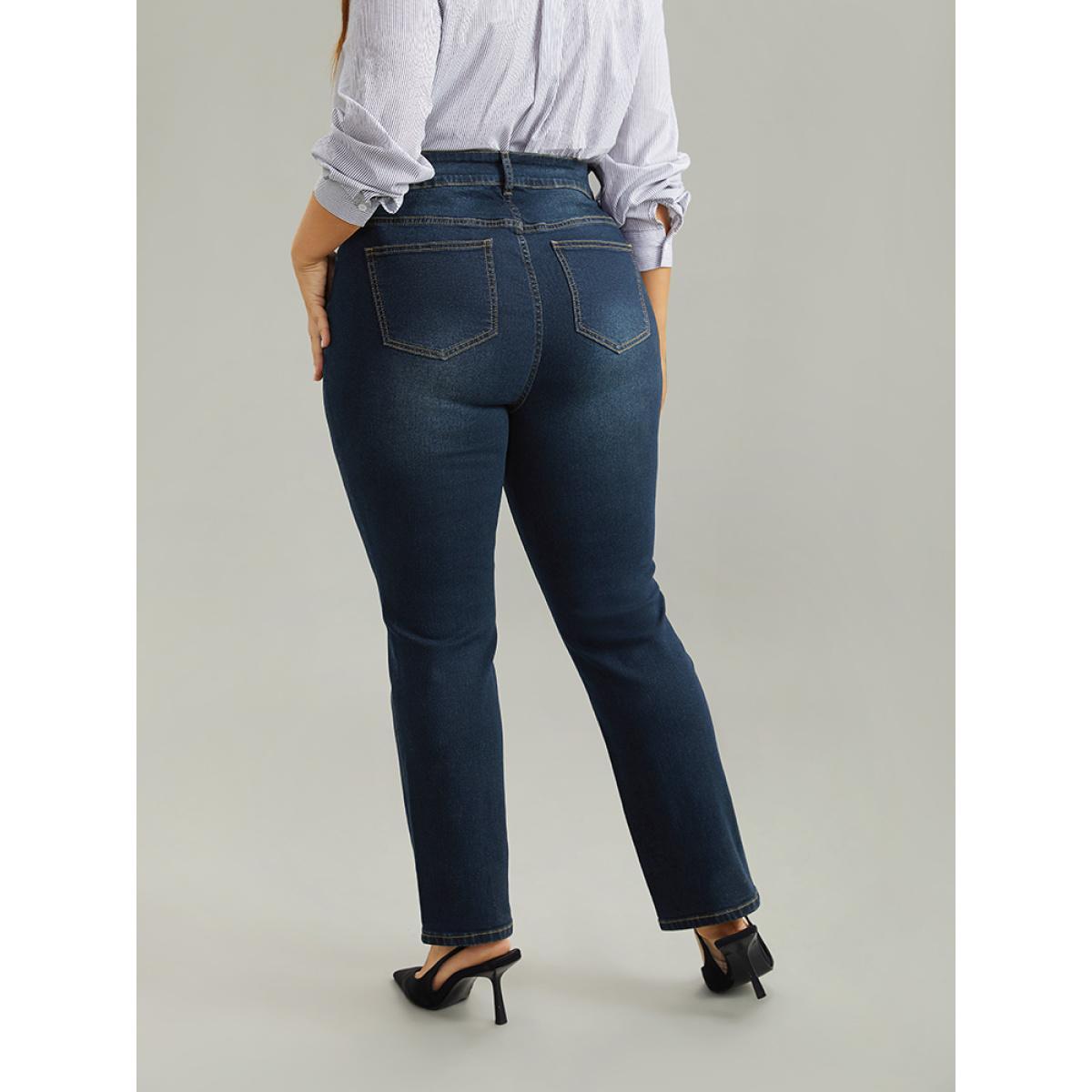 Plus Size Straight Leg Dark Wash Zipper Fly Jeans Women Indigo Casual Plain Pocket High stretch Pocket Jeans BloomChic 14/1X Product Image