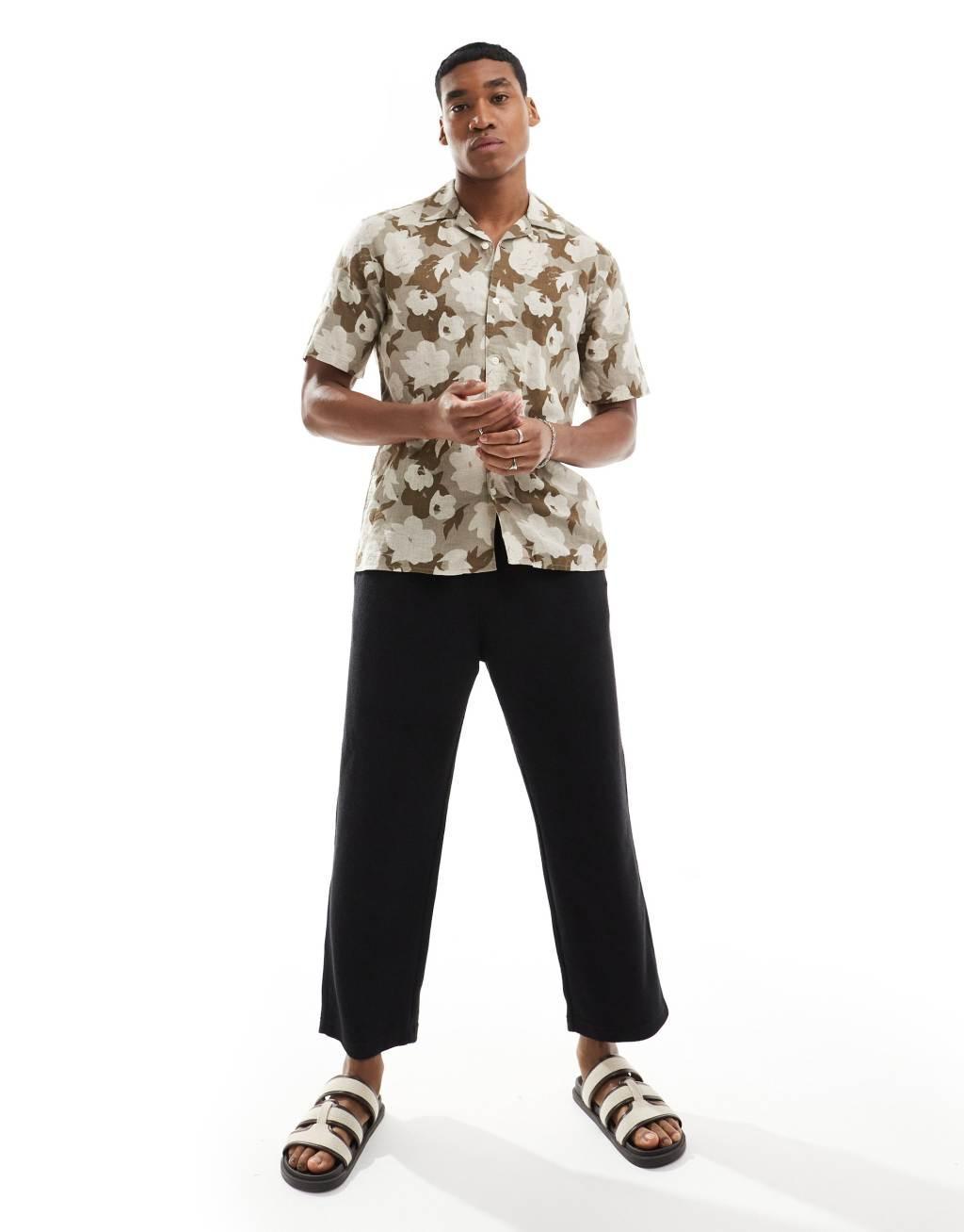 Only & Sons linen mix revere collar floral shirt in beige Product Image