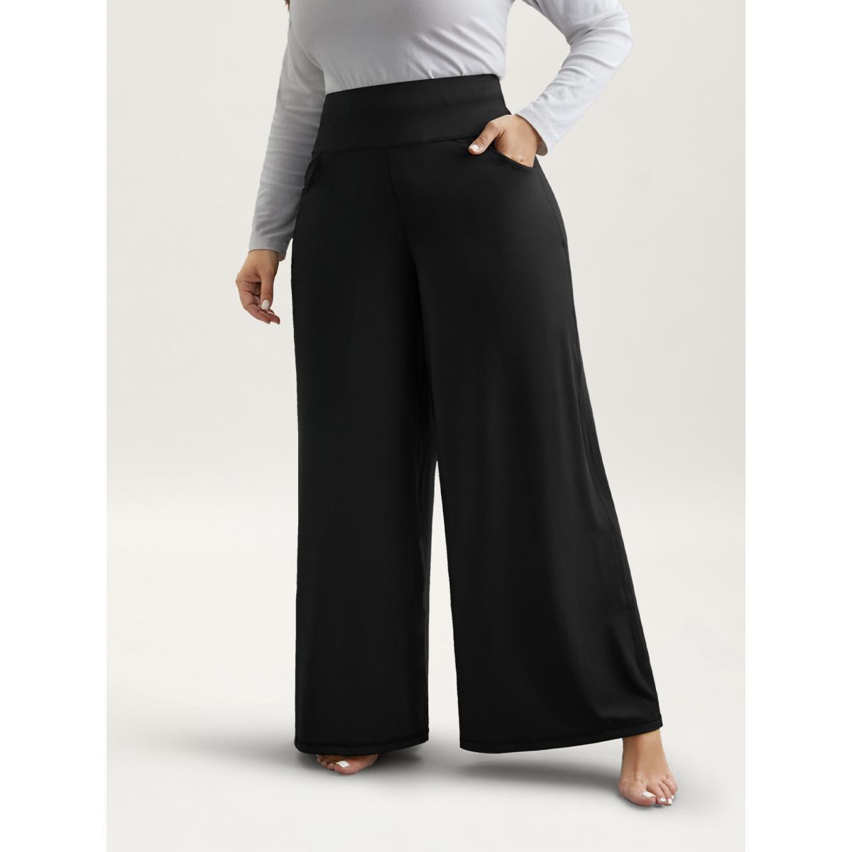 Plus Size Super Stretchy Wide-Leg Casual Pocket Pants Women Black Casual Mid Rise Everyday Pants BloomChic 22-24/3X Product Image