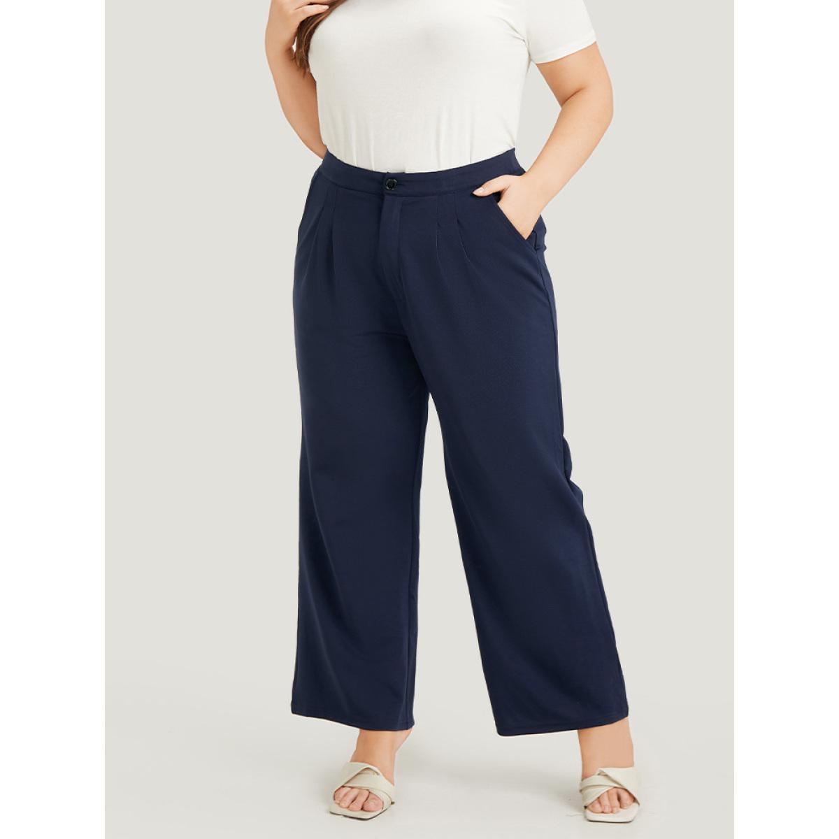 Plus Size Plain Pleated High Rise Pocket Pants Women Indigo Office High Rise Work Pants BloomChic 18-20/2X Product Image