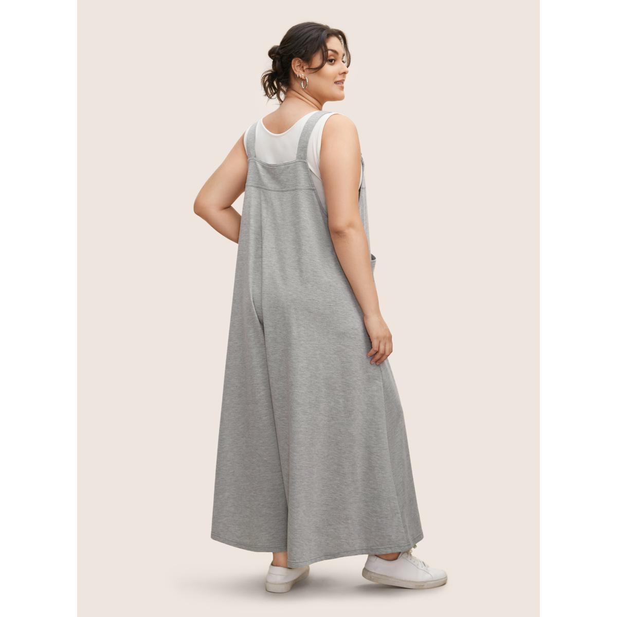 Plus Size Silver Solid Heather Patched Pocket Wide Leg Jumpsuit Women Casual Sleeveless Square Neck Everyday Loose Jumpsuits BloomChic 30/6X Product Image