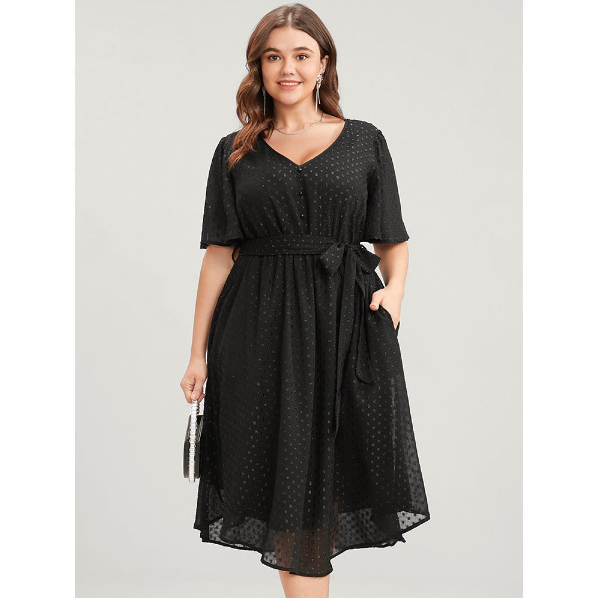 Plus Size Glitter Polka Dot V Neck Pocket Belted Ruffles Hem Dress Black Women Glamour Asymmetrical V-neck Short sleeve Curvy Midi Dress BloomChic 14-16/1X Product Image