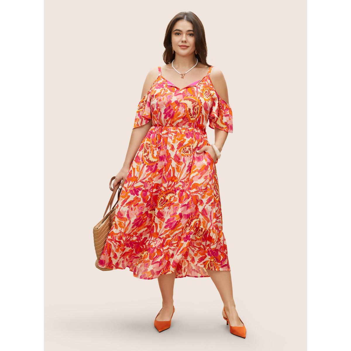 Plus Size Floral Tie Knot Cold Shoulder Pocket Dress Pink Women Resort Tie knot Non Sleeveless Curvy BloomChic 14-16/1X Product Image