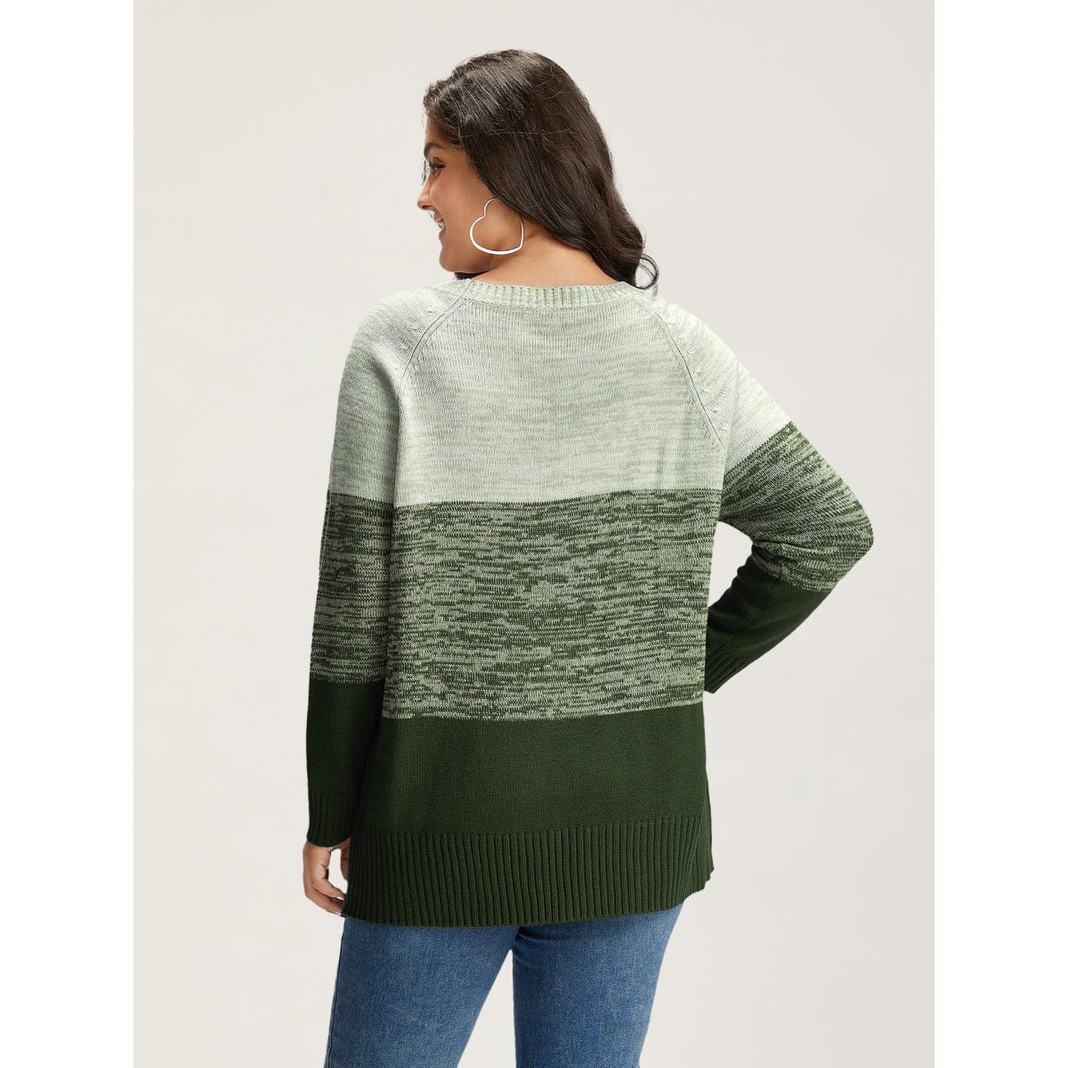 Plus Size Colorblock Contrast Heather Button Detail Pullover DarkGreen Women Casual Long Sleeve Round Neck Everyday Pullovers BloomChic 22-24/3X Product Image
