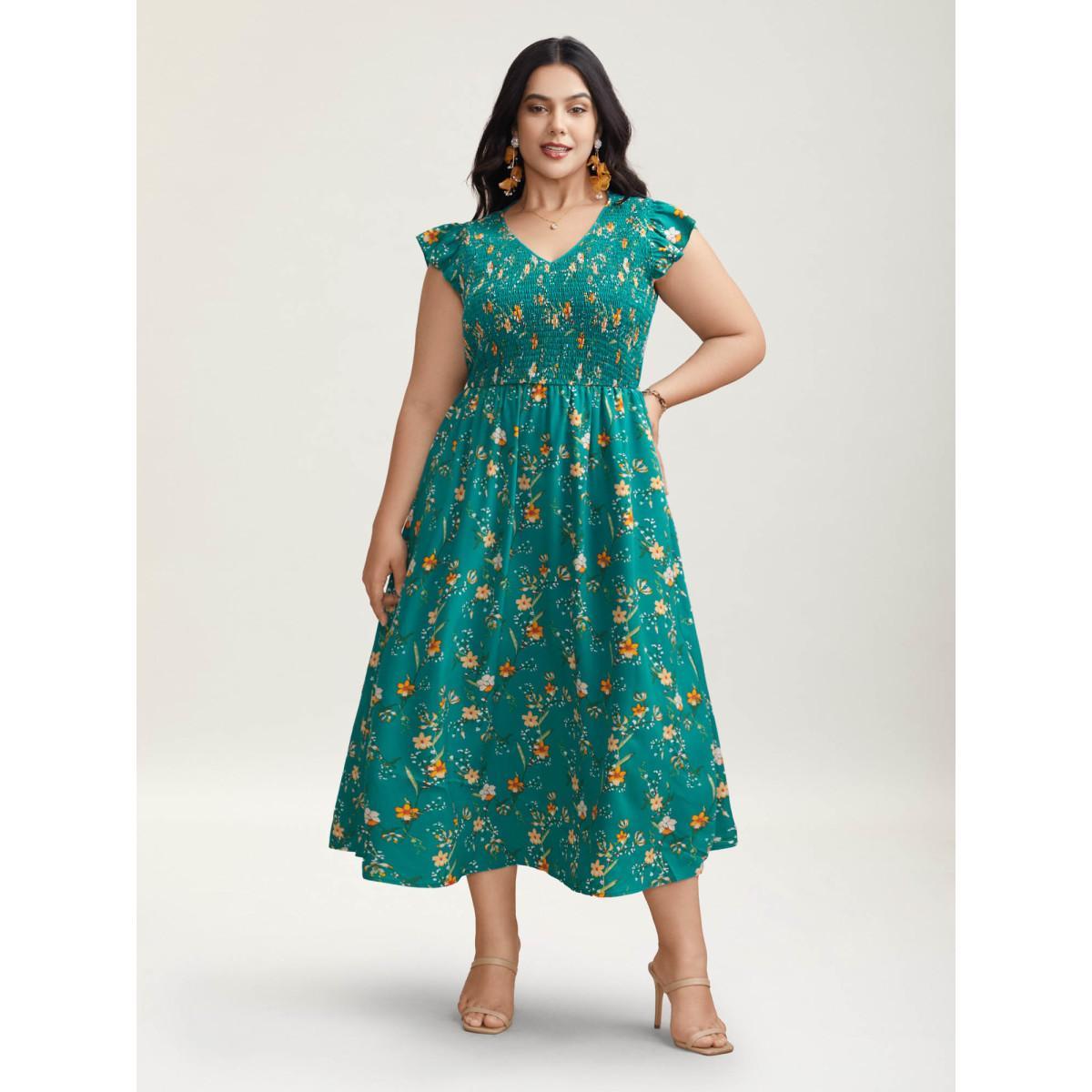 Plus Size Shirred Printed Flutter Sleeve Pockets Maxi Dress Teal Women Elegant Shirred V-neck Cap Sleeve Curvy BloomChic 18-20/2X Product Image