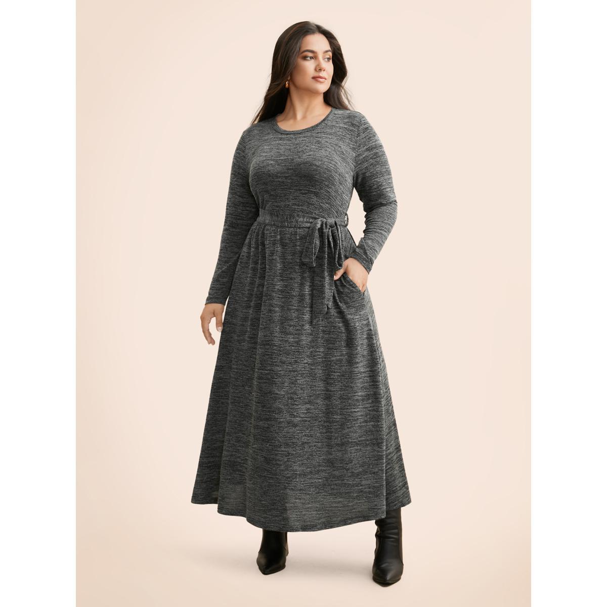 Plus Size Round Neck Heather Belted Dress DimGray Women At the Office Texture Round Neck Long Sleeve Curvy BloomChic 18-20/2X Product Image