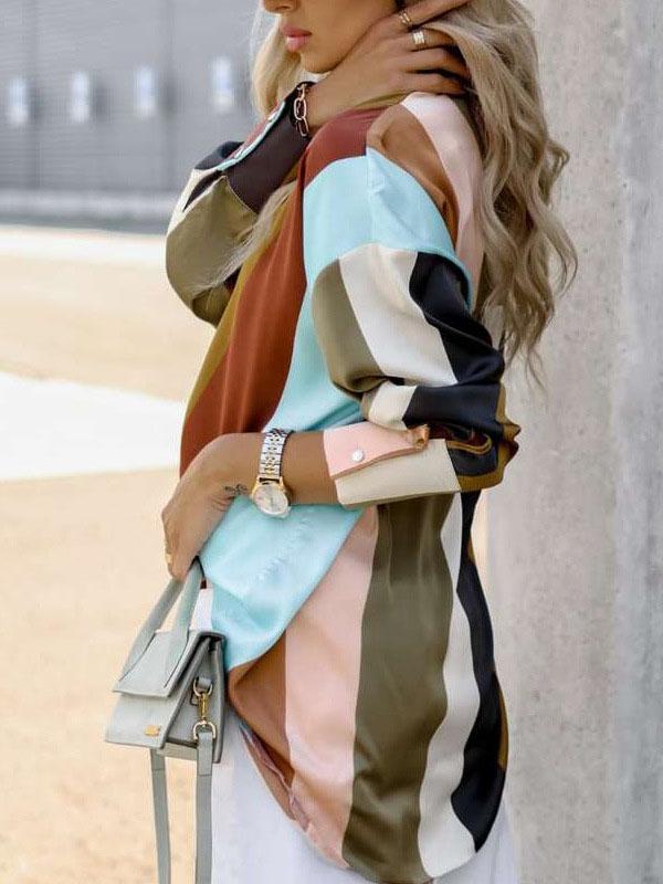 Long Sleeves Loose Contrast Color Printed Lapel Blouses Product Image