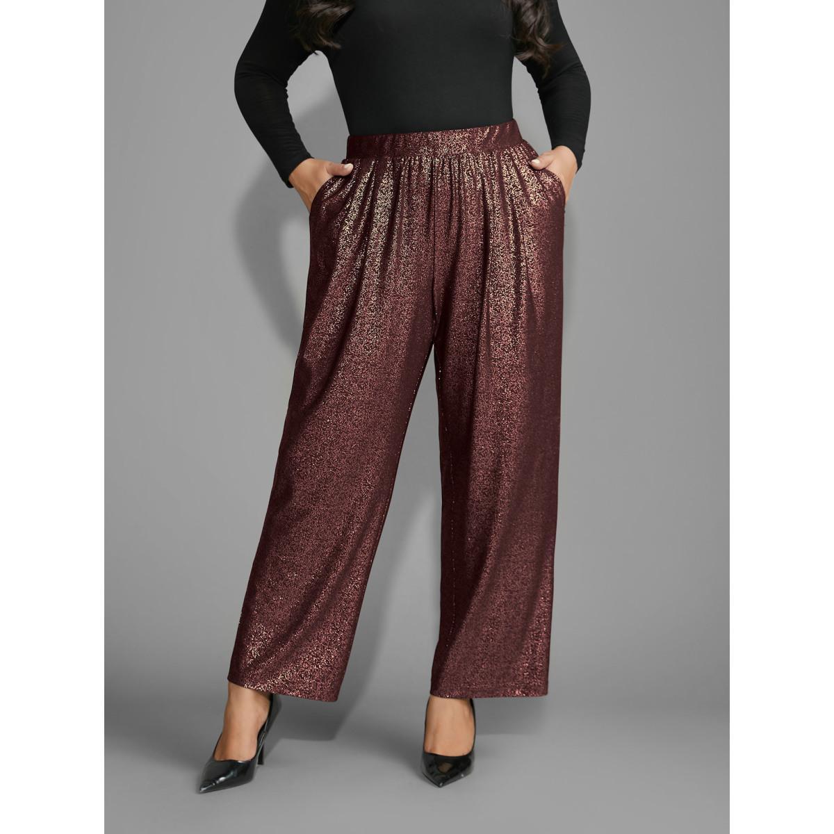 Plus Size Sequin Knit Elastic Waist Holiday Pants Women Burgundy Formal Mid Rise Party Pants BloomChic 18-20/2X Product Image