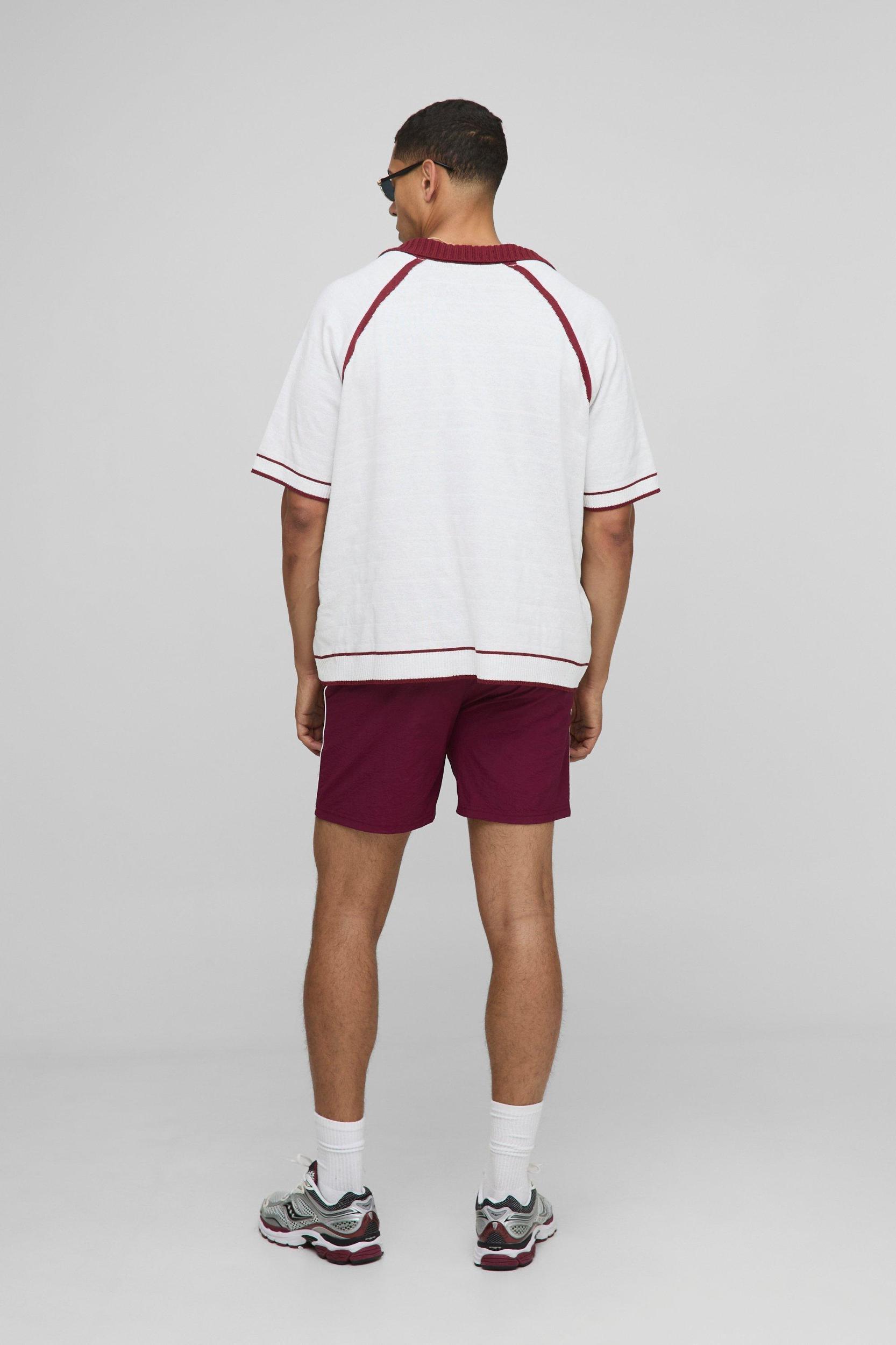 Boxy V Neck Raglan Varsity Knitted Polo | boohooMAN USA Product Image