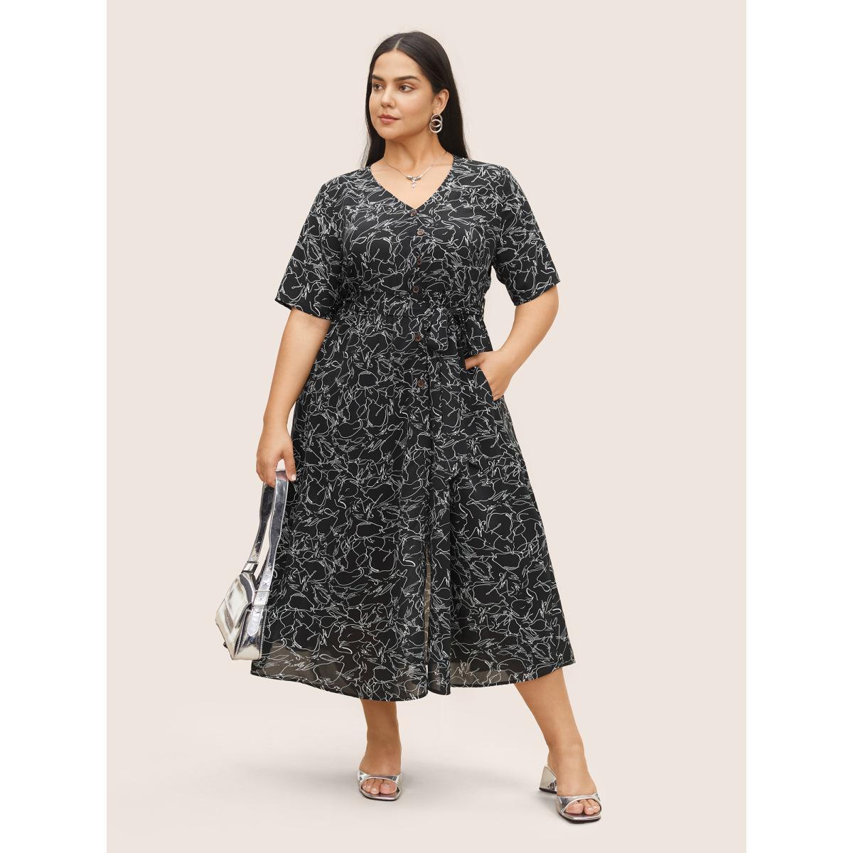 Plus Size Floral Button Through Belted Pocket Dress Black Women At the Office Belted V-neck Short sleeve Curvy Midi Dress BloomChic 22-24/3X Product Image