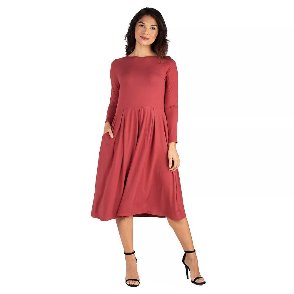 Women's 24Seven Comfort Apparel Long Sleeve Fit & Flare Dress with Pockets, Size: Medium, Brown Product Image