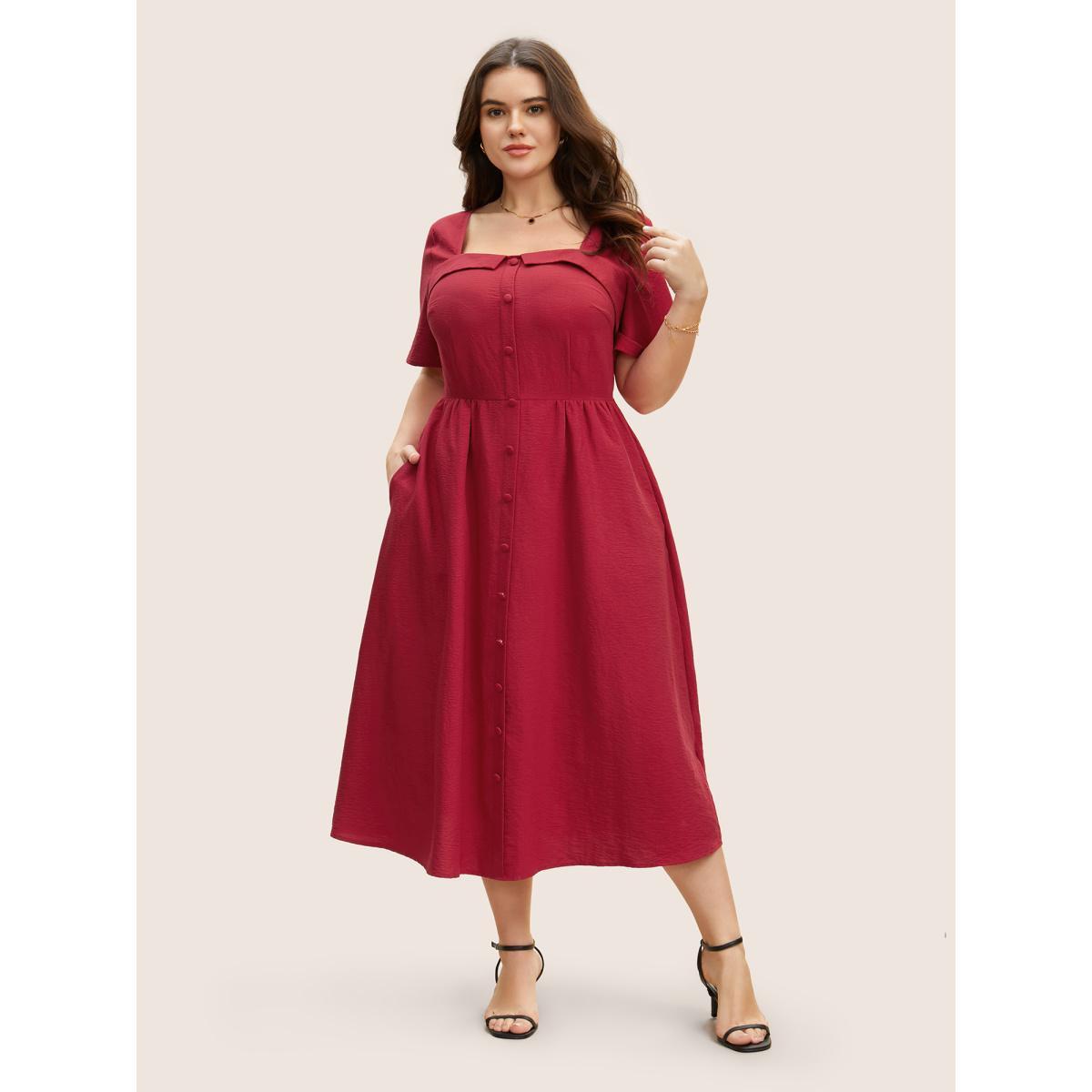 Plus Size Solid Square Neck Button Detail Midi Dress Scarlet Women Elegant Gathered Square Neck Short sleeve Curvy BloomChic 28/5X Product Image