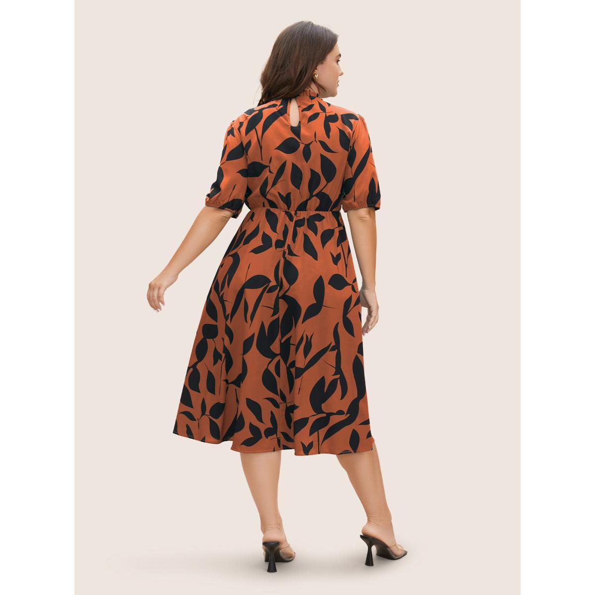 Plus Size Silhouette Floral Print Mock Neck Midi Dress Coral Women Elegant Gathered Mock Neck Short sleeve Curvy BloomChic 12/L Product Image