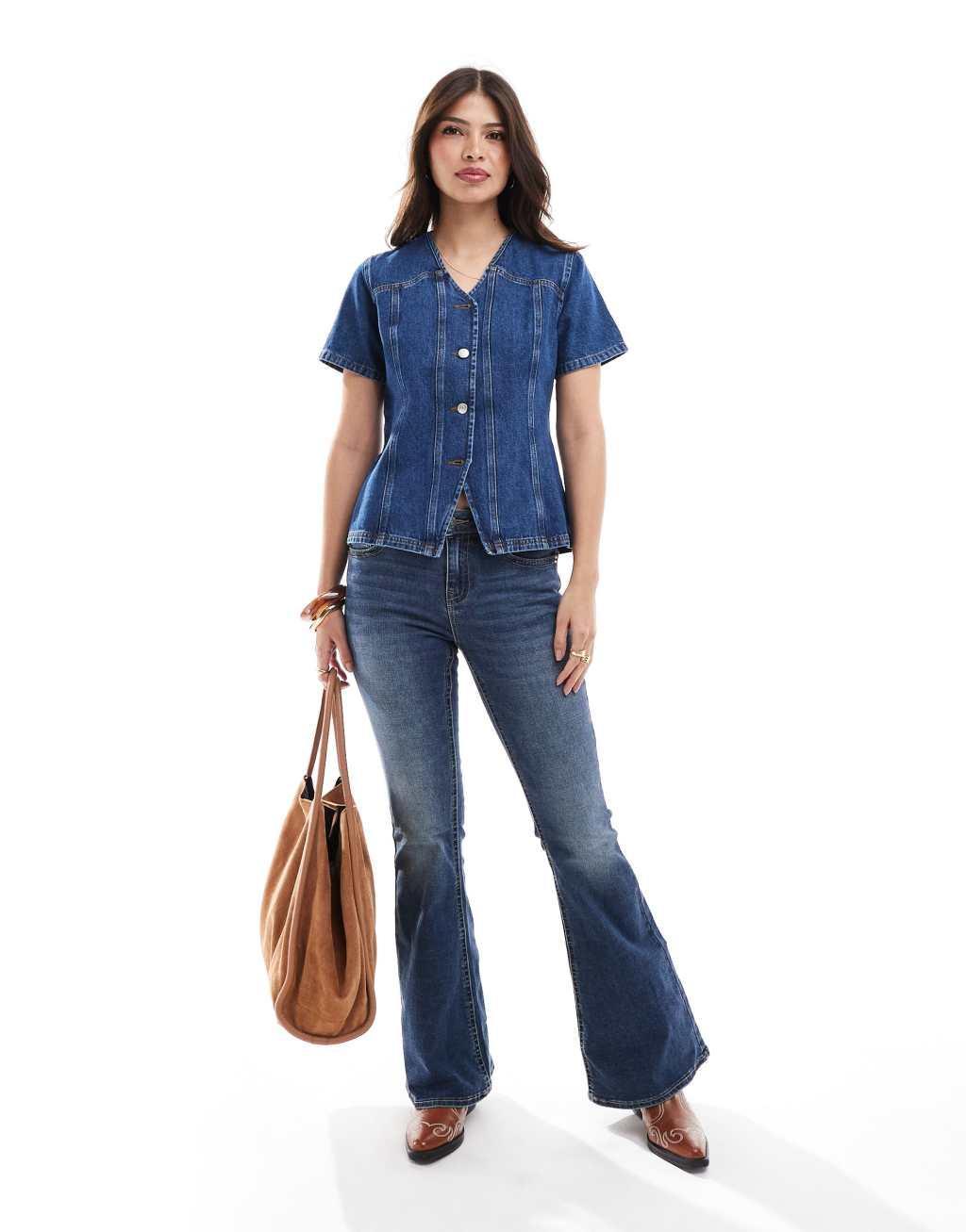 ASOS DESIGN denim button up short sleeve top in dark indigo Product Image
