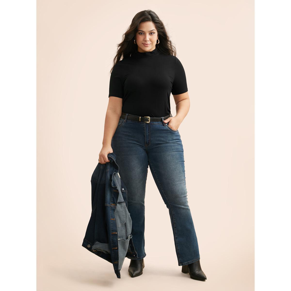 Plus Size Supersoft Essentials Solid Mock Neck T-shirt Black Women Casual Non Mock Neck Skinny Everyday T-shirts BloomChic 12/L Product Image