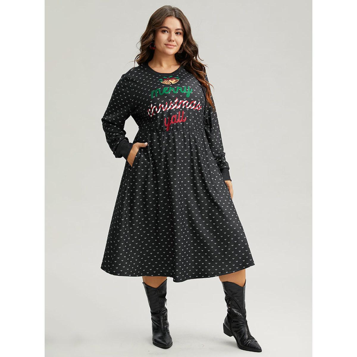 Plus Size Christmas Letter Print Pocket Elastic Waist Dress Black Women Casual Printed Round Neck Long Sleeve Curvy Midi Dress BloomChic 26/4X Product Image